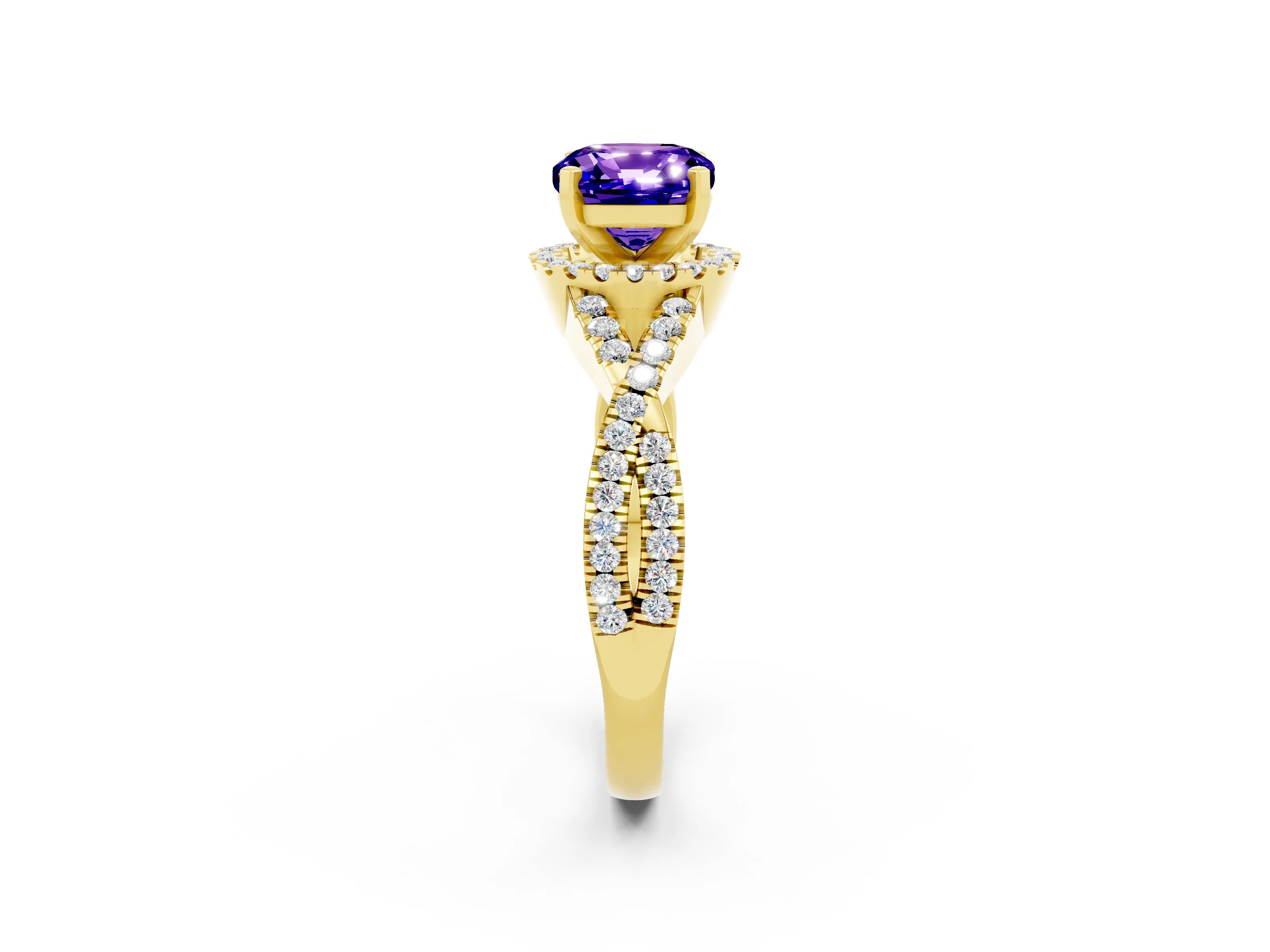 Yellow gold Cushion Cut Tanzanite Halo Twist Band Solitaire Prong Setting Ring_2