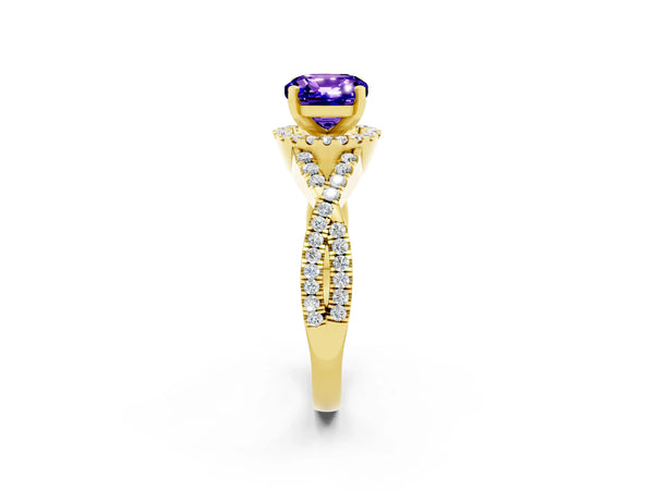Yellow gold Cushion Cut Tanzanite  Halo Twist Band Solitaire Prong Setting Ring