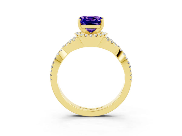 Yellow gold Cushion Cut Tanzanite  Halo Twist Band Solitaire Prong Setting Ring