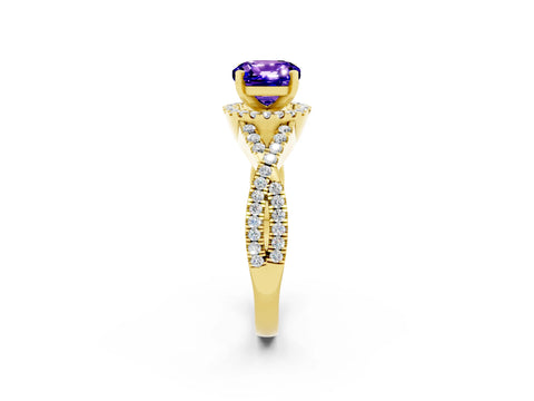 Yellow gold Cushion Cut Tanzanite Halo Twist Band Solitaire Prong Setting Ring_2