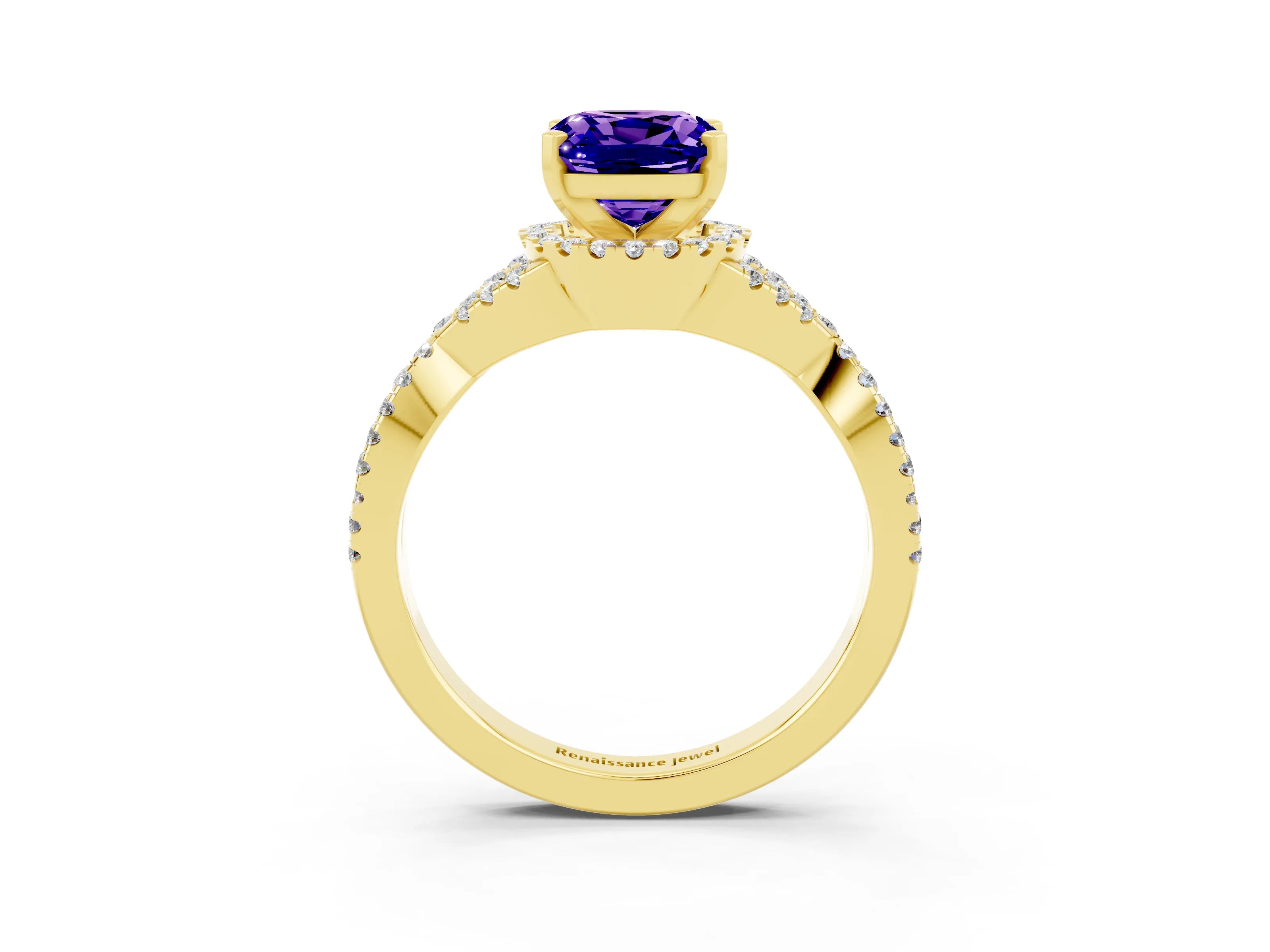 Yellow gold Cushion Cut Tanzanite Halo Twist Band Solitaire Prong Setting Ring_3