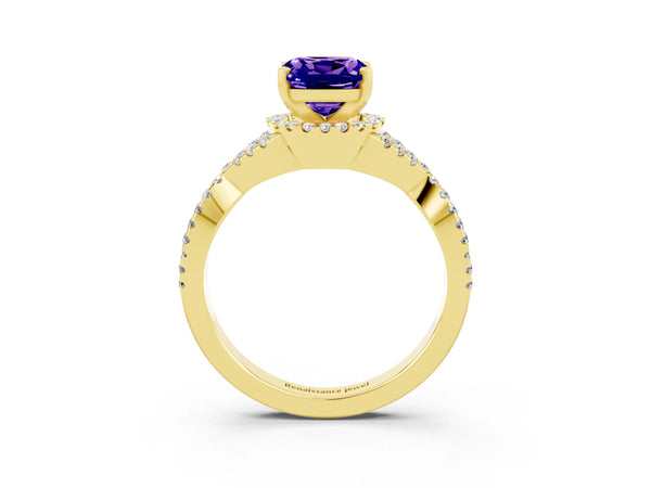 Yellow gold Cushion Cut Tanzanite  Halo Twist Band Solitaire Prong Setting Ring