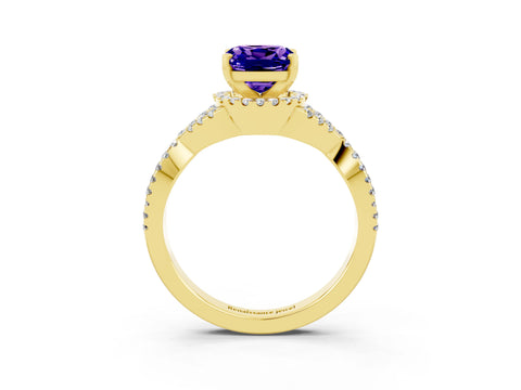 Yellow gold Cushion Cut Tanzanite Halo Twist Band Solitaire Prong Setting Ring_3