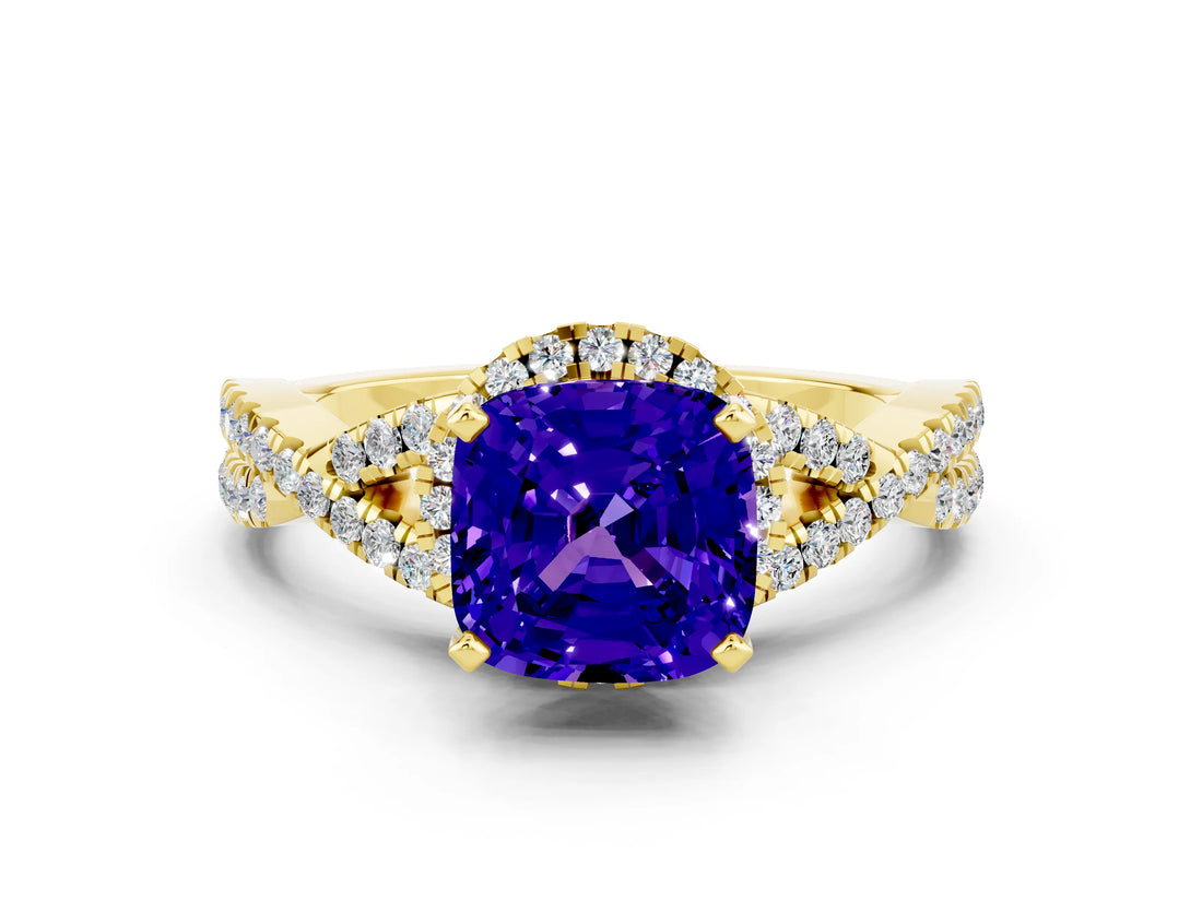 Yellow gold Cushion Cut Tanzanite  Halo Twist Band Solitaire Prong Setting Ring_42