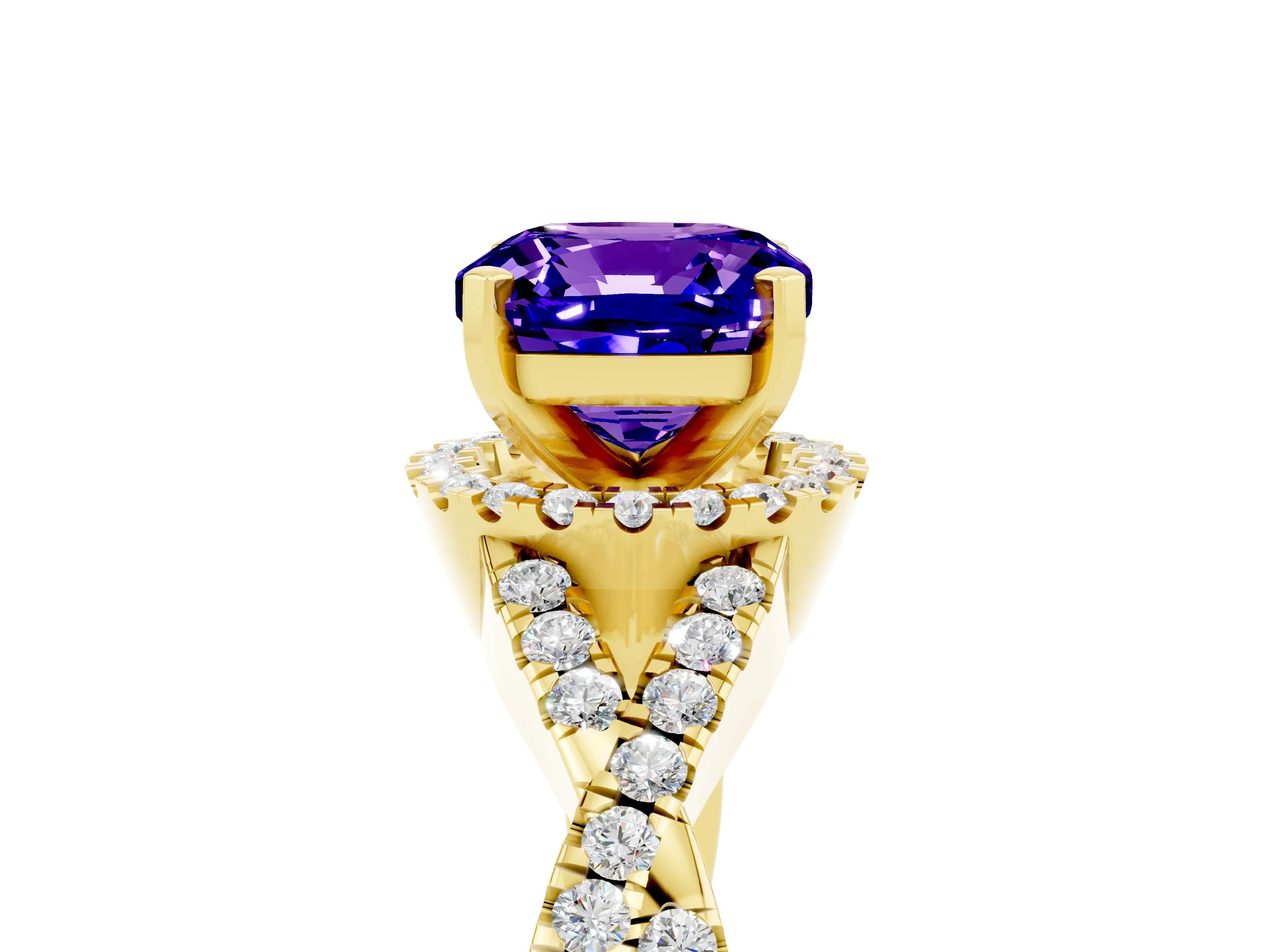 Yellow gold Cushion Cut Tanzanite Halo Twist Band Solitaire Prong Setting Ring_5