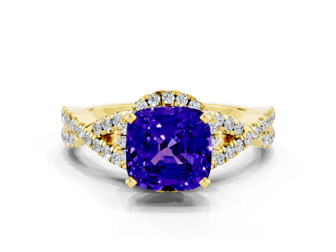 Yellow gold Cushion Cut Tanzanite Halo Twist Band Solitaire Prong Setting Ring