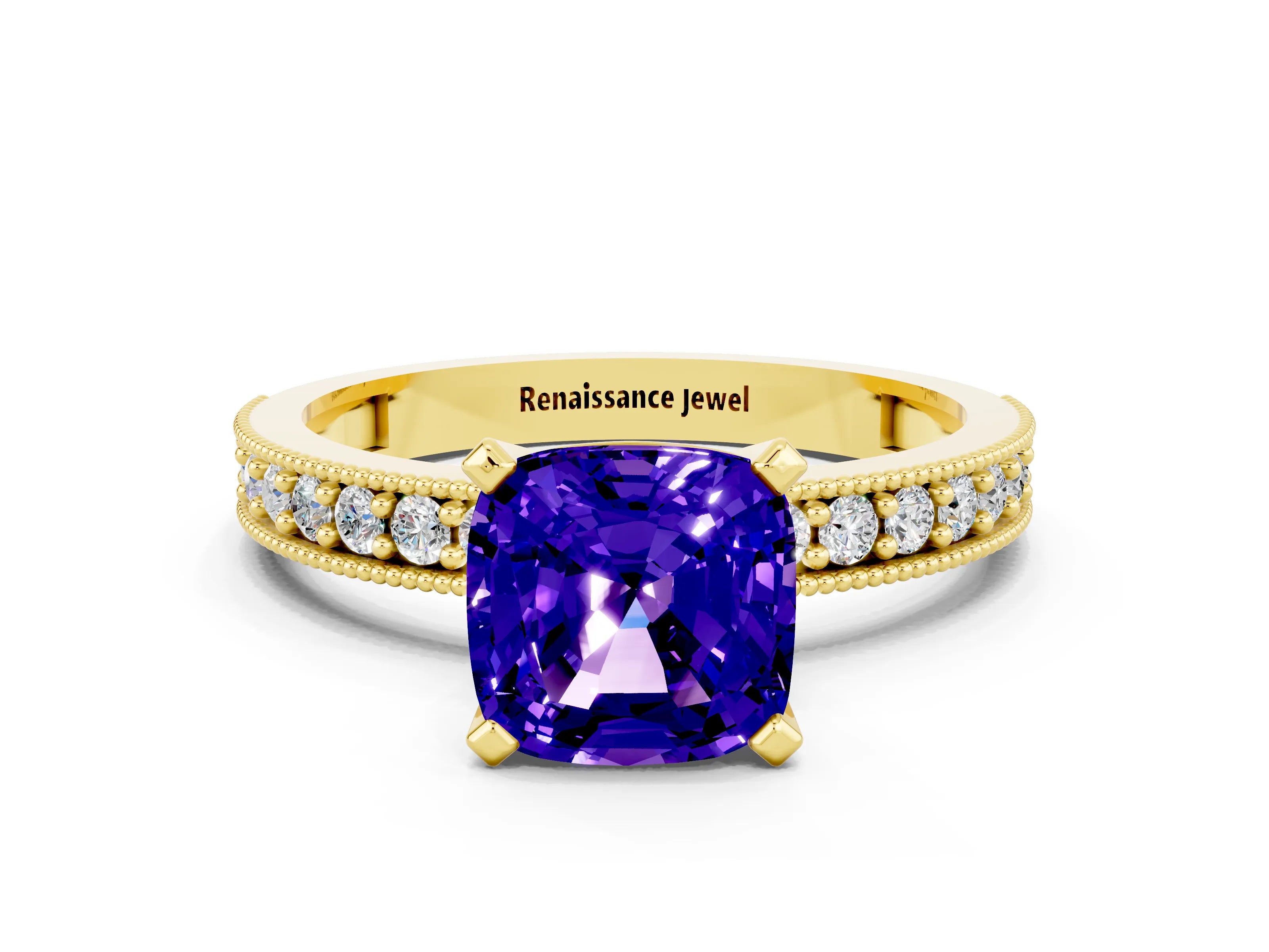 Yellow gold Cushion Cut Tanzanite Milgrain Pavé Engagement Ring with Four-Prong Setting_12