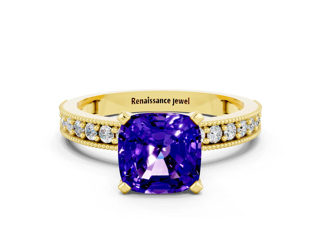 Yellow gold Cushion Cut Tanzanite Milgrain Pavé Engagement Ring with Four-Prong Setting_12