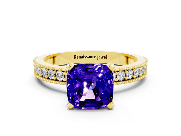 Yellow gold Cushion Cut Tanzanite Milgrain Pavé Engagement Ring with Four-Prong Setting