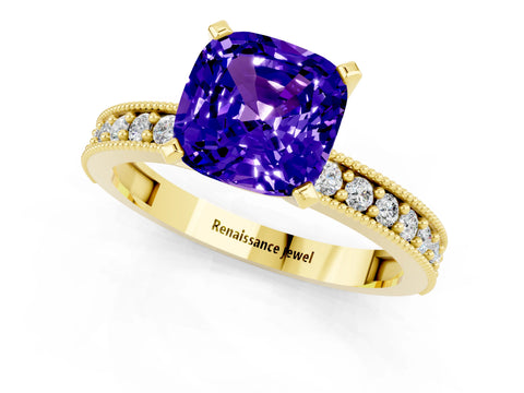 Yellow gold Cushion Cut Tanzanite Milgrain Pavé Engagement Ring with Four-Prong Setting_13