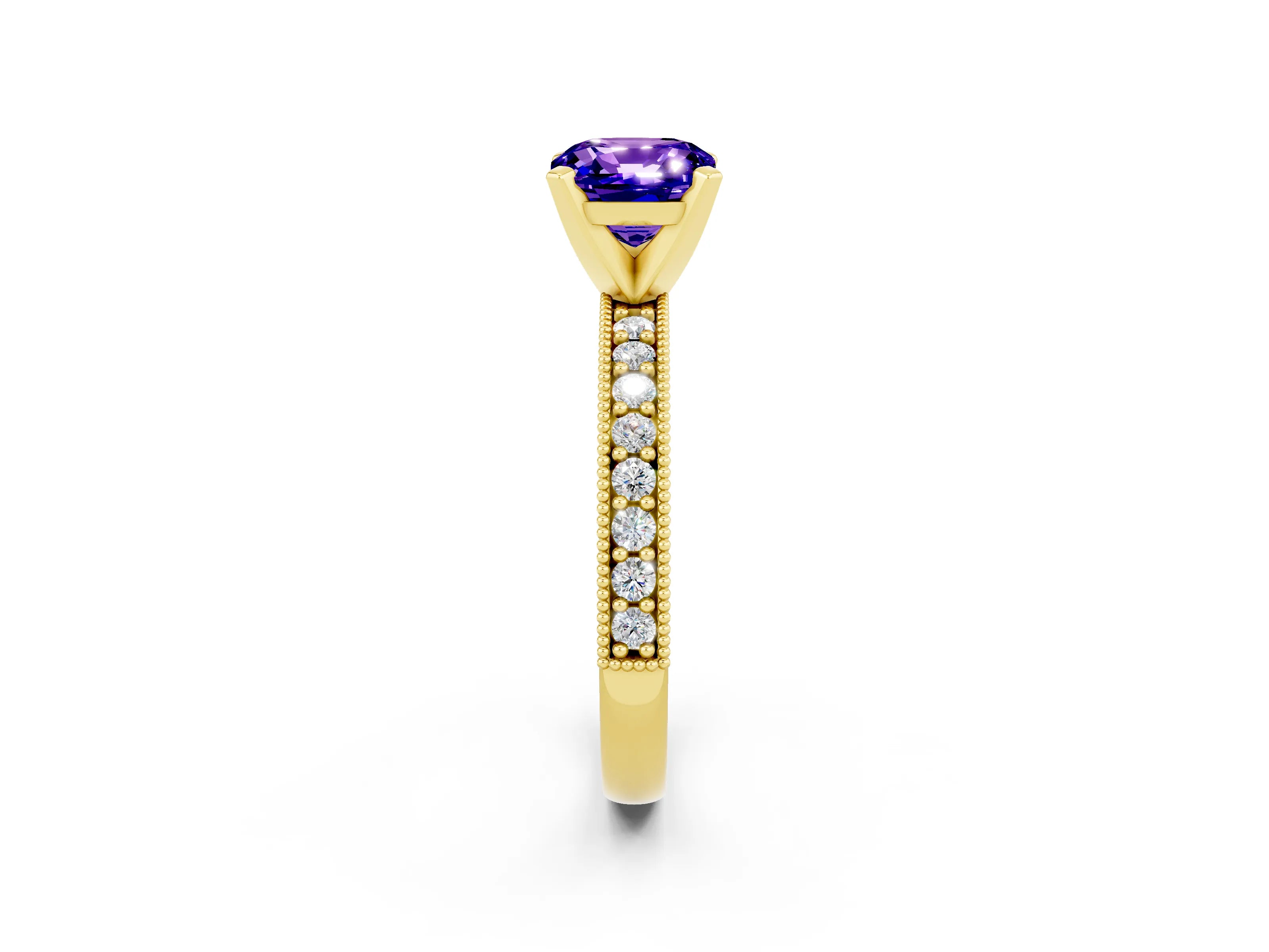 Yellow gold Cushion Cut Tanzanite Milgrain Pavé Engagement Ring with Four-Prong Setting_14