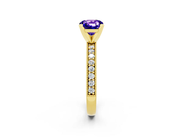 Yellow gold Cushion Cut Tanzanite Milgrain Pavé Engagement Ring with Four-Prong Setting