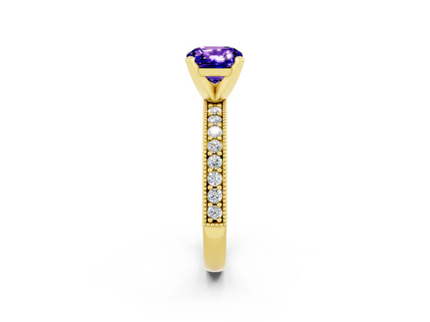 Yellow gold Cushion Cut Tanzanite Milgrain Pavé Engagement Ring with Four-Prong Setting_14