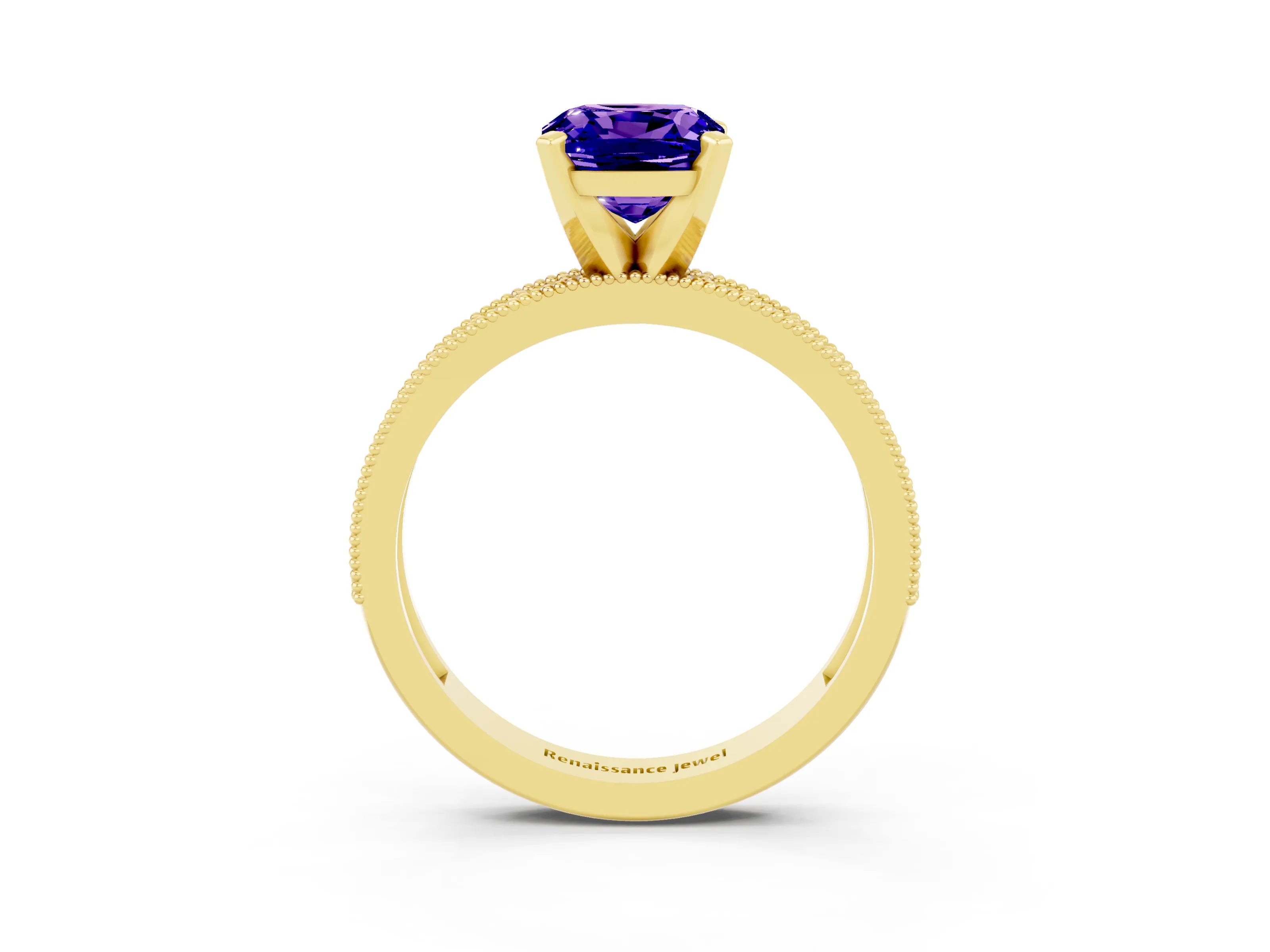 Yellow gold Cushion Cut Tanzanite Milgrain Pavé Engagement Ring with Four-Prong Setting_15