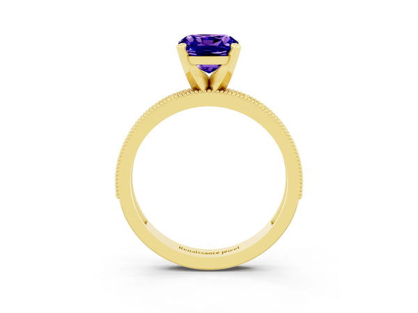 Yellow gold Cushion Cut Tanzanite Milgrain Pavé Engagement Ring with Four-Prong Setting