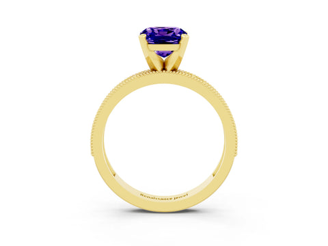 Yellow gold Cushion Cut Tanzanite Milgrain Pavé Engagement Ring with Four-Prong Setting_15