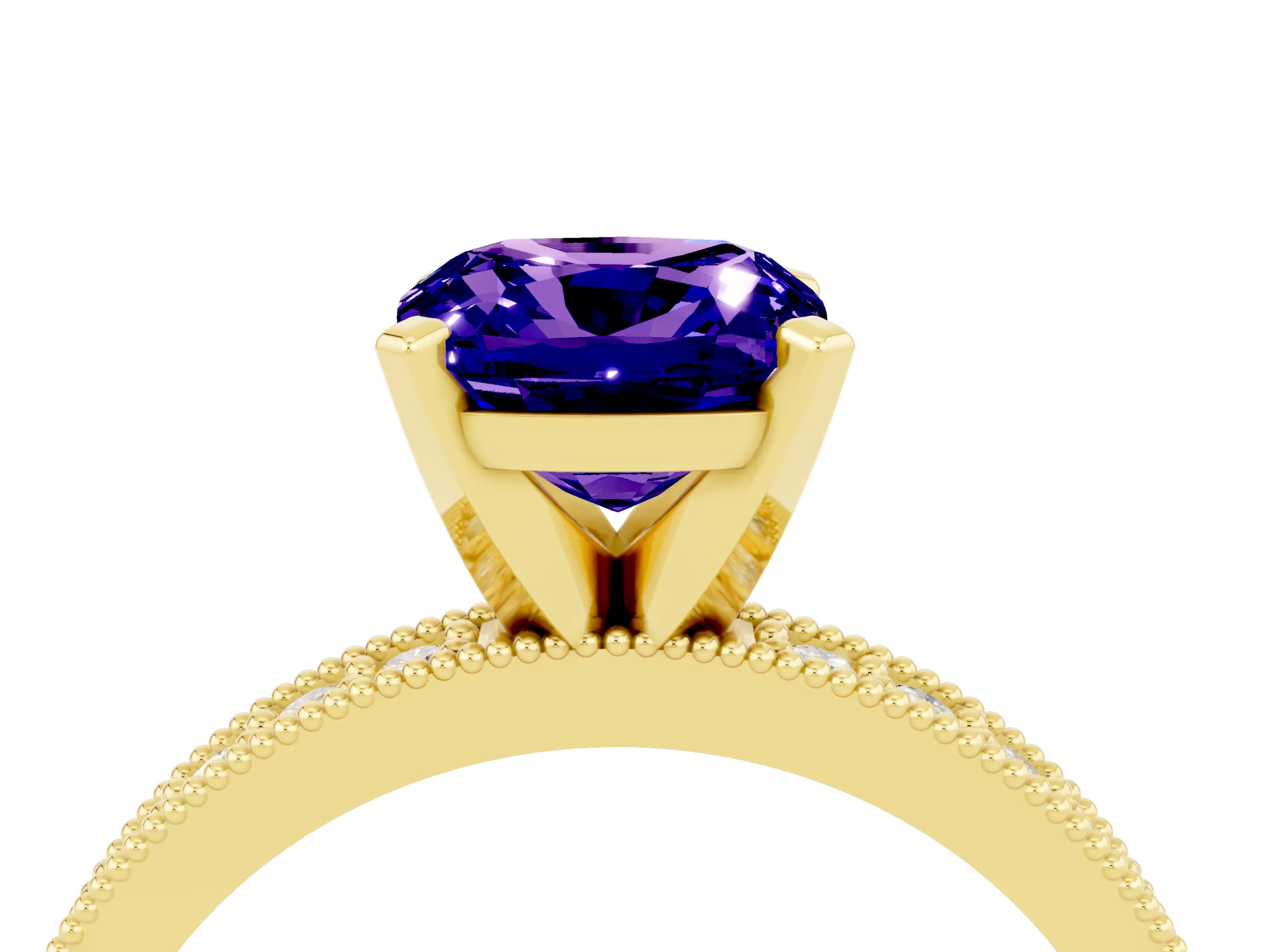 Yellow gold Cushion Cut Tanzanite Milgrain Pavé Engagement Ring with Four-Prong Setting_16