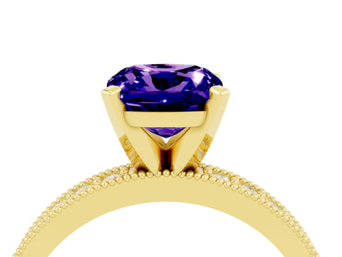 Yellow gold Cushion Cut Tanzanite Milgrain Pavé Engagement Ring with Four-Prong Setting_16