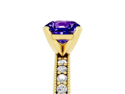 Yellow gold Cushion Cut Tanzanite Milgrain Pavé Engagement Ring with Four-Prong Setting_17