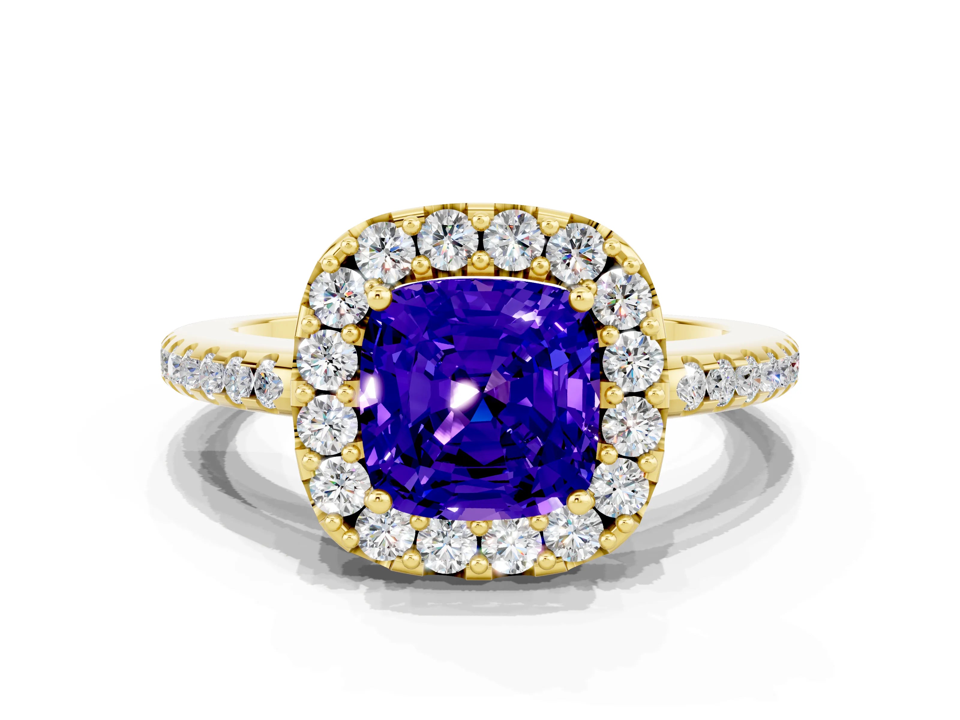 Yellow gold Cushion Cut Tanzanite Pavé Halo Ring with Four-Prong Setting_12