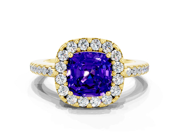 Yellow gold Cushion Cut Tanzanite Pavé Halo Ring with Four-Prong Setting