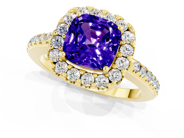 Yellow gold Cushion Cut Tanzanite Pavé Halo Ring with Four-Prong Setting
