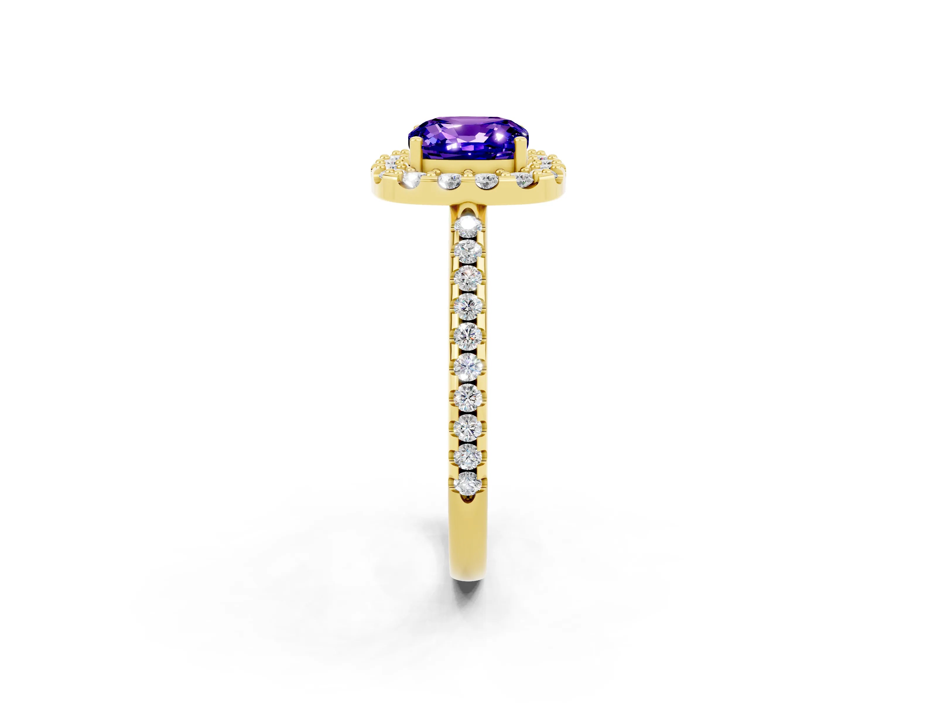 Yellow gold Cushion Cut Tanzanite Pavé Halo Ring with Four-Prong Setting_14