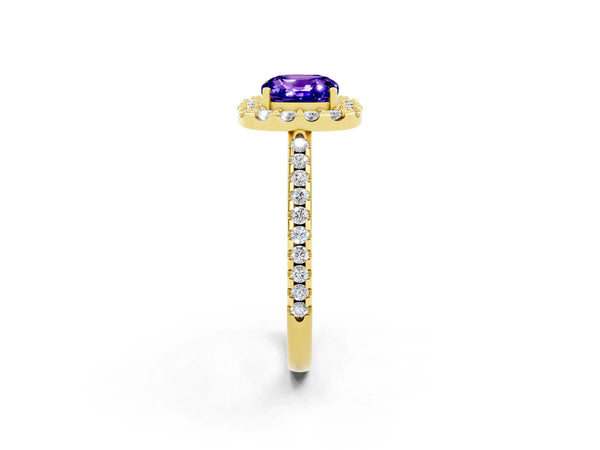 Yellow gold Cushion Cut Tanzanite Pavé Halo Ring with Four-Prong Setting