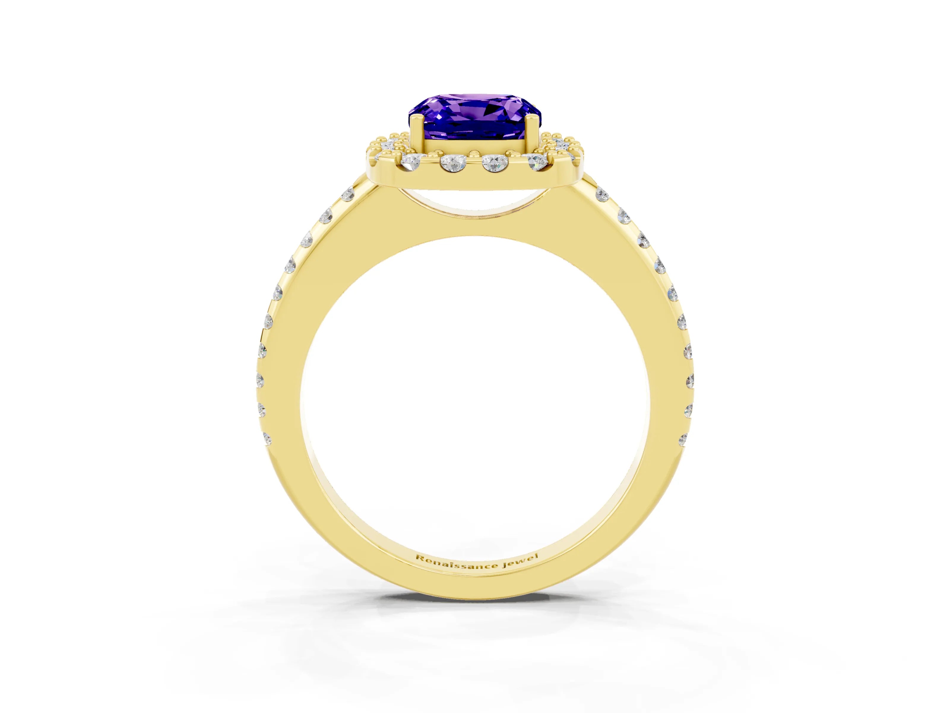 Yellow gold Cushion Cut Tanzanite Pavé Halo Ring with Four-Prong Setting_15