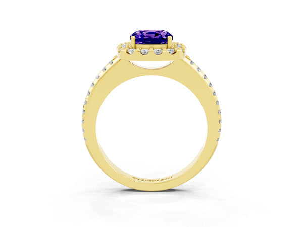 Yellow gold Cushion Cut Tanzanite Pavé Halo Ring with Four-Prong Setting