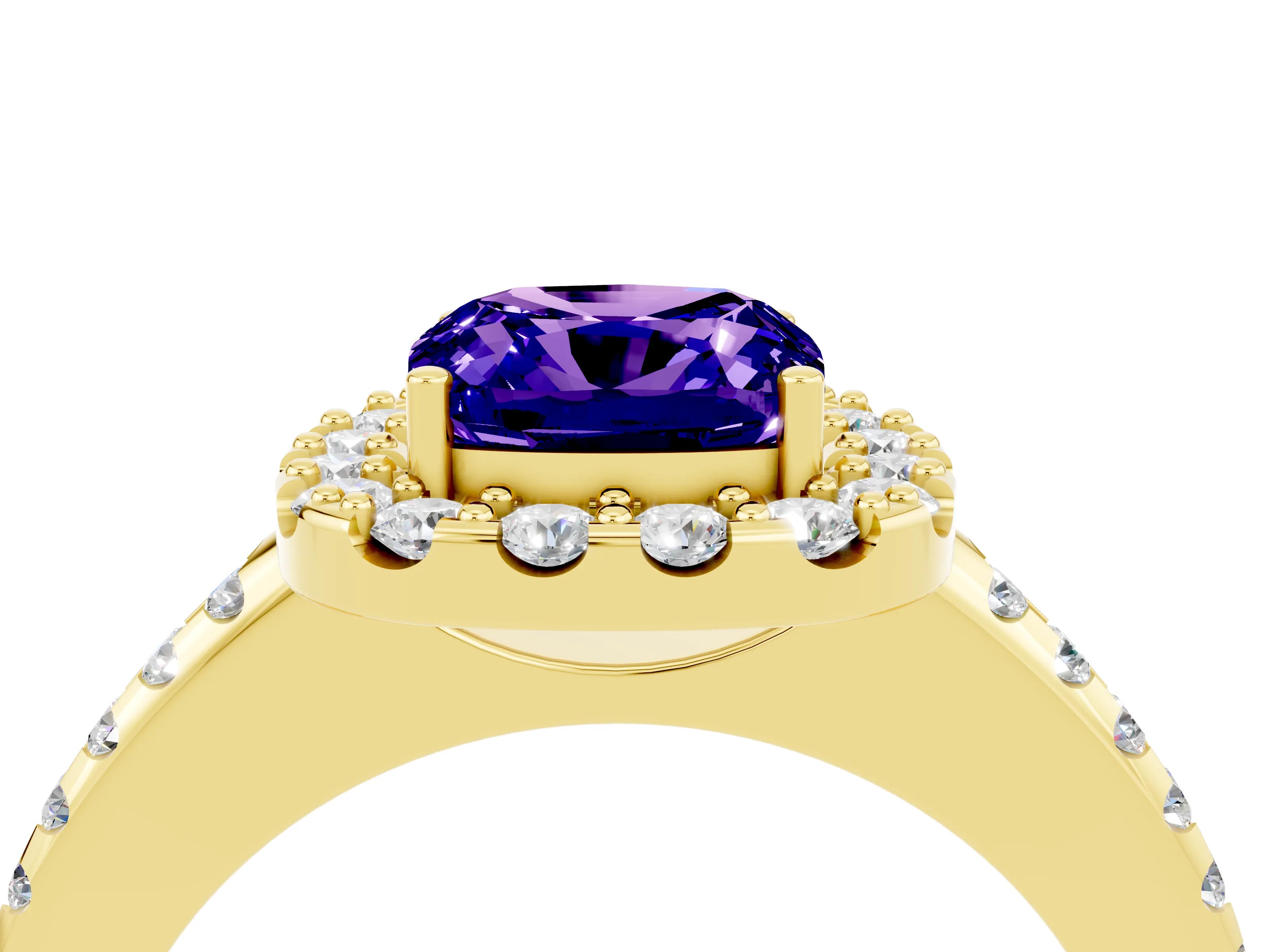 Yellow gold Cushion Cut Tanzanite Pavé Halo Ring with Four-Prong Setting_16