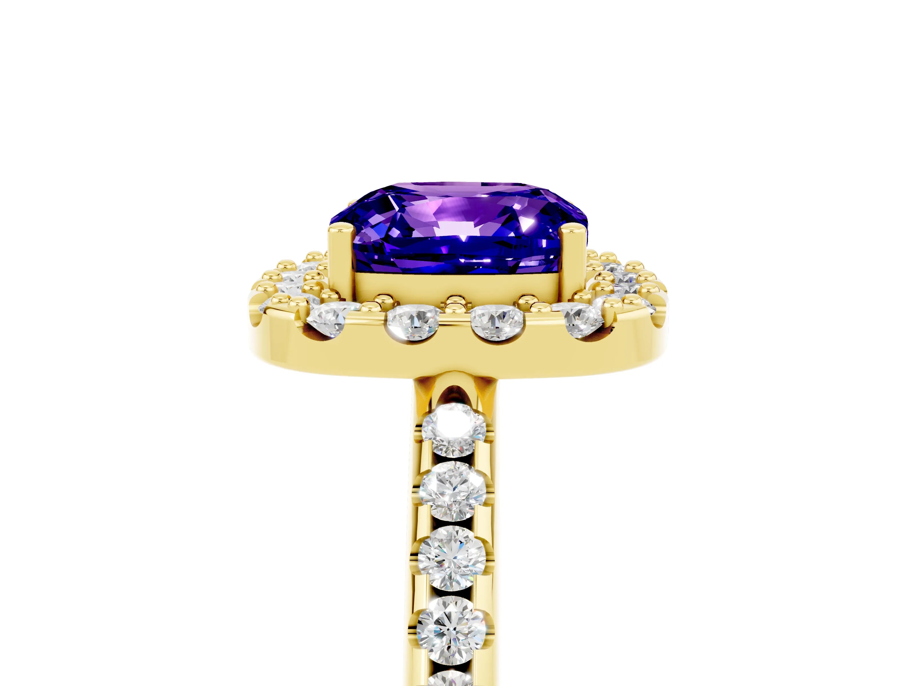Yellow gold Cushion Cut Tanzanite Pavé Halo Ring with Four-Prong Setting_17
