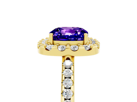 Yellow gold Cushion Cut Tanzanite Pavé Halo Ring with Four-Prong Setting_17