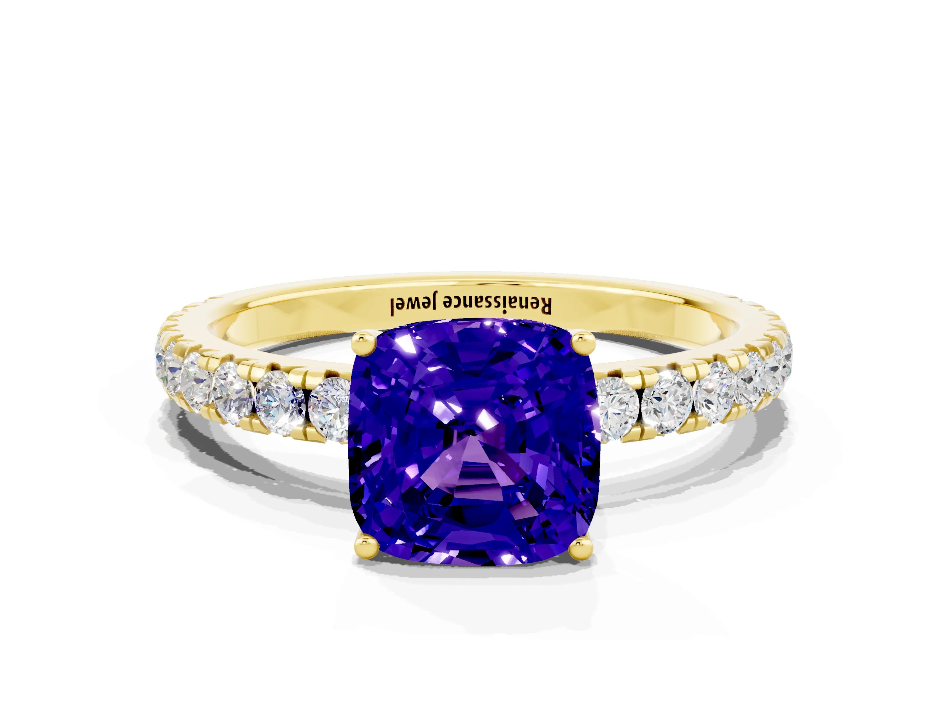 Yellow gold Cushion Cut Tanzanite Pavé Solitaire Engagement Ring with Four-Prong Setting_12