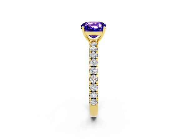 Yellow gold Cushion Cut Tanzanite Pavé Solitaire Engagement Ring with Four-Prong Setting