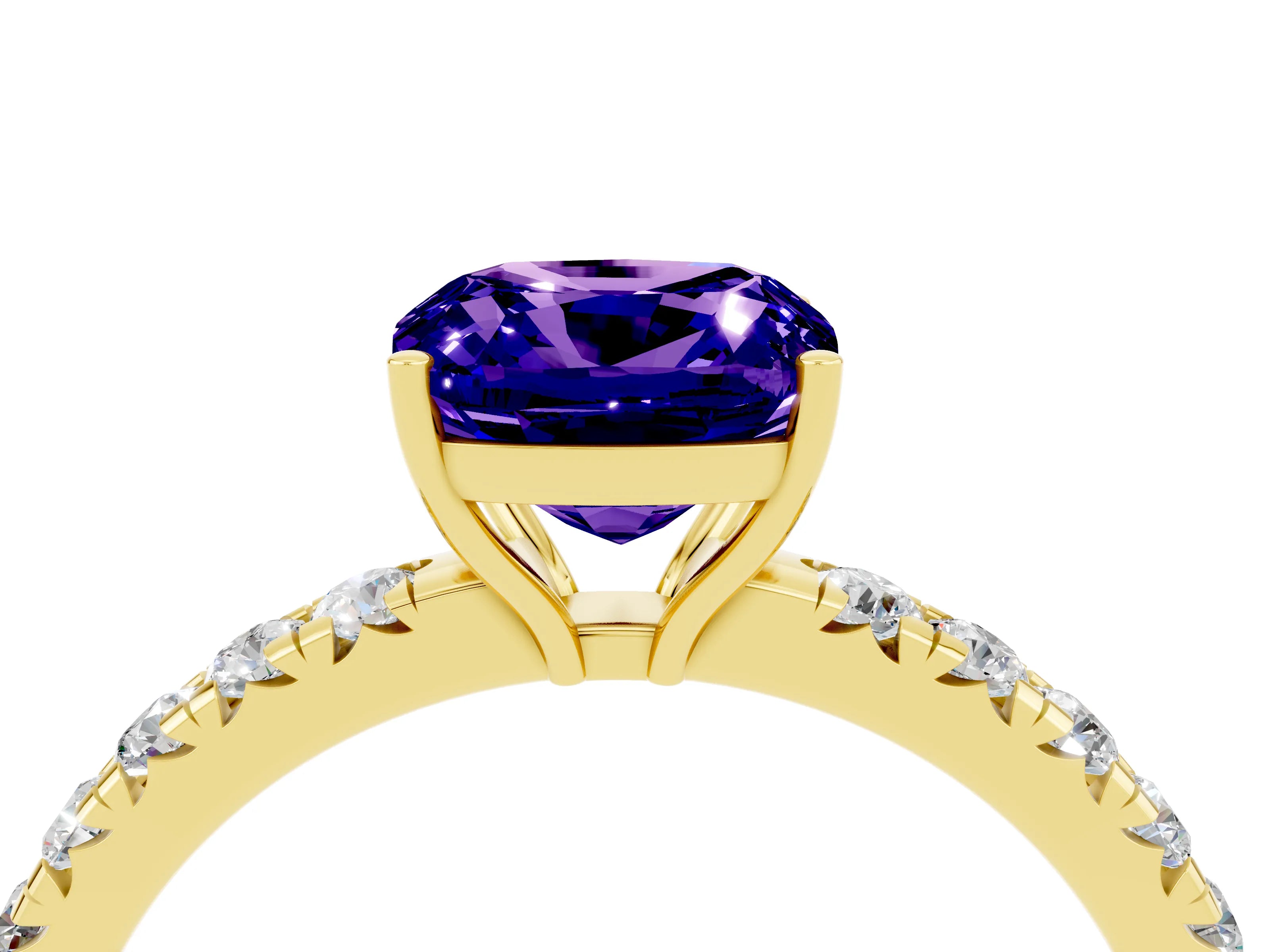 Yellow gold Cushion Cut Tanzanite Pavé Solitaire Engagement Ring with Four-Prong Setting_16