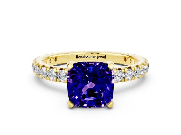 Yellow gold Cushion Cut Tanzanite Pavé Solitaire Ring with Round Band and Prong Setting