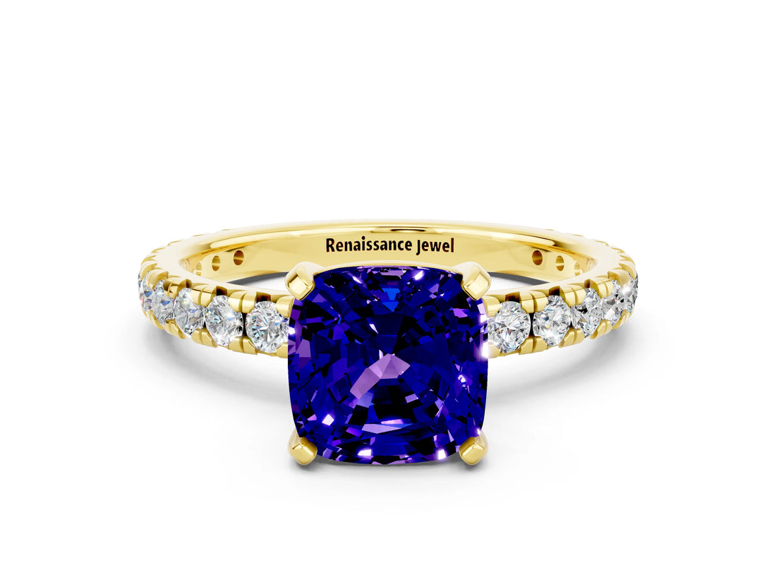 Yellow gold Cushion Cut Tanzanite Pavé Solitaire Ring with Round Band and Prong Setting_24