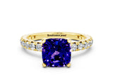 Yellow gold Cushion Cut Tanzanite Pavé Solitaire Ring with Round Band and Prong Setting_24