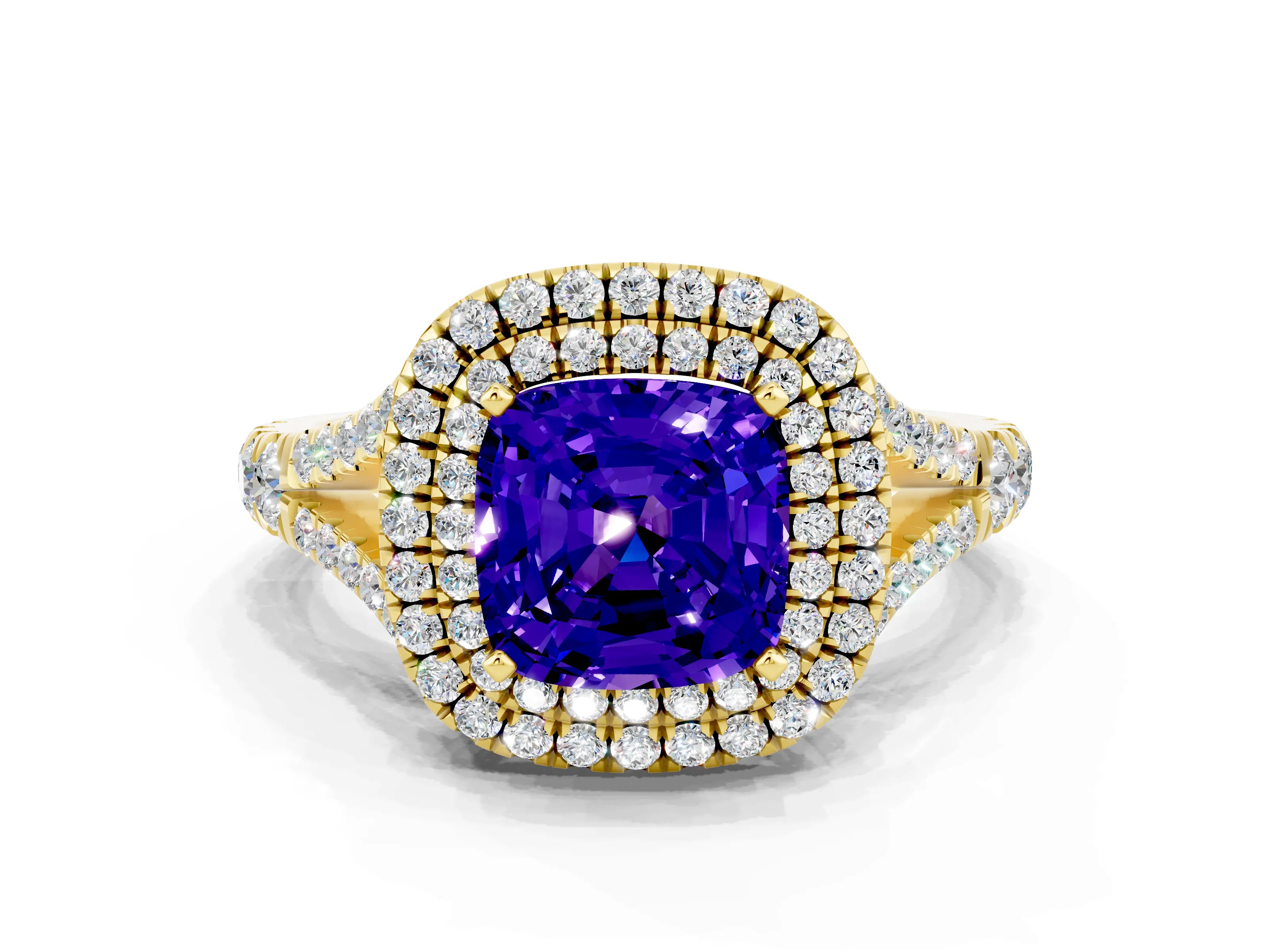 Yellow gold Cushion Cut Tanzanite Pavé Split Shank Double Halo Engagement Ring