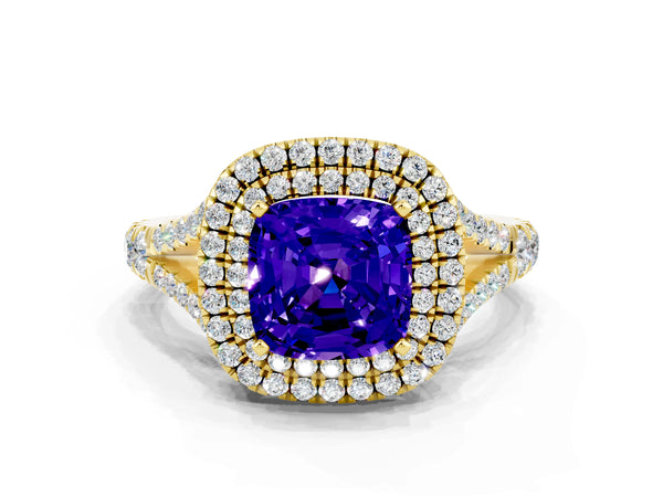 Yellow gold Cushion Cut Tanzanite Pavé Split Shank Double Halo Engagement Ring