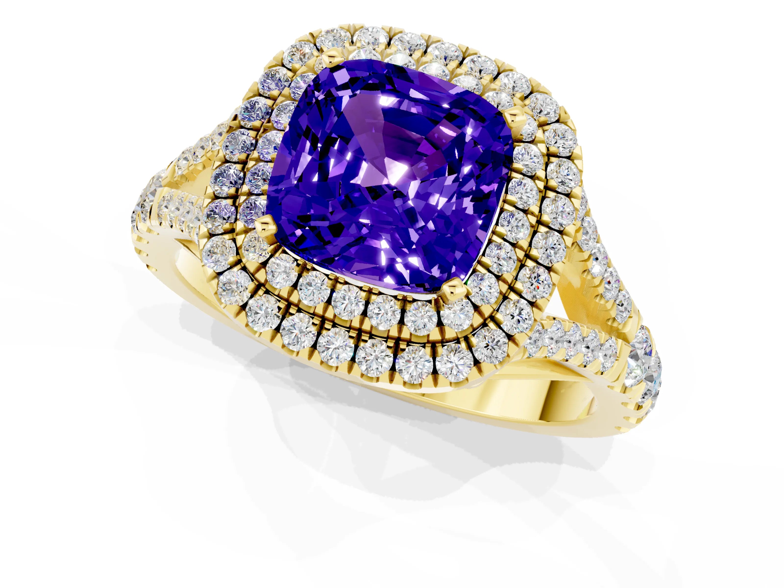 Yellow gold Cushion Cut Tanzanite Pavé Split Shank Double Halo Engagement Ring_1