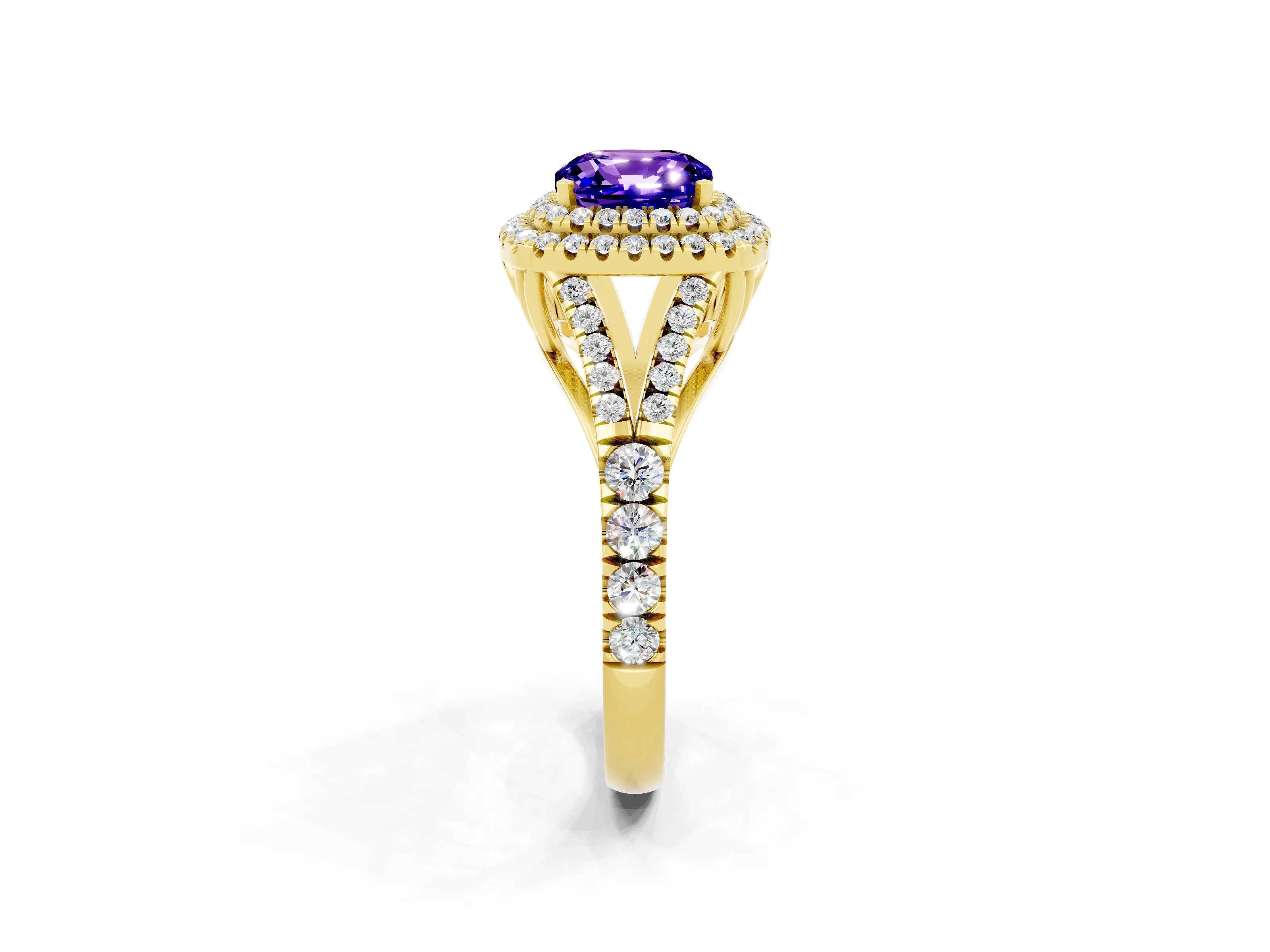 Yellow gold Cushion Cut Tanzanite Pavé Split Shank Double Halo Engagement Ring_2