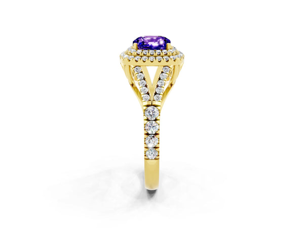 Yellow gold Cushion Cut Tanzanite Pavé Split Shank Double Halo Engagement Ring