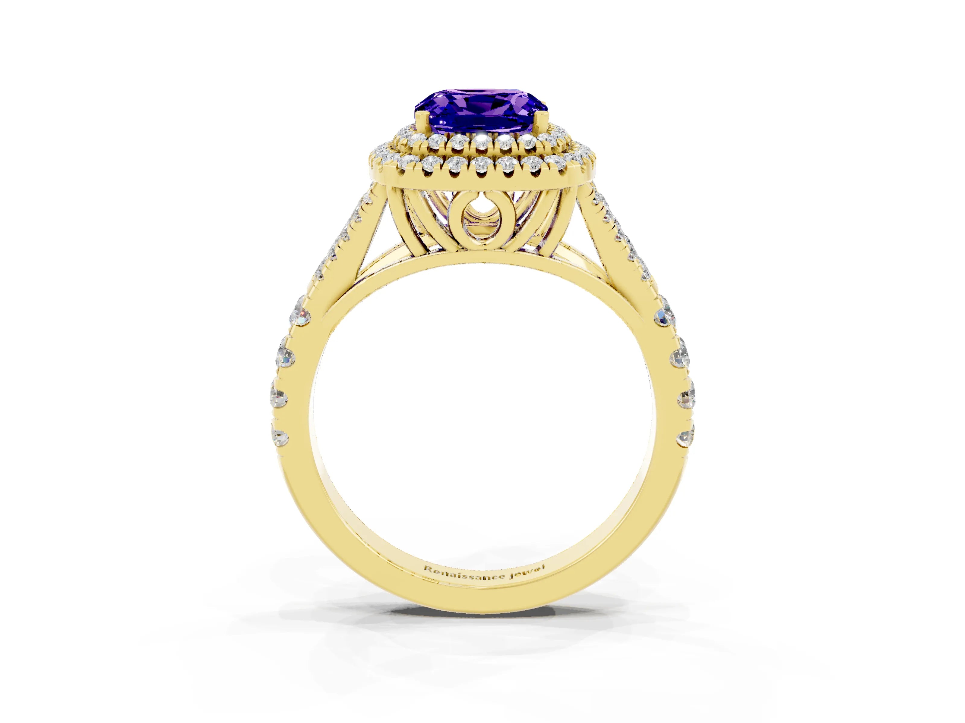 Yellow gold Cushion Cut Tanzanite Pavé Split Shank Double Halo Engagement Ring_3