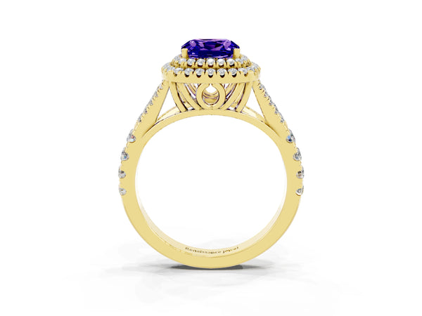 Yellow gold Cushion Cut Tanzanite Pavé Split Shank Double Halo Engagement Ring