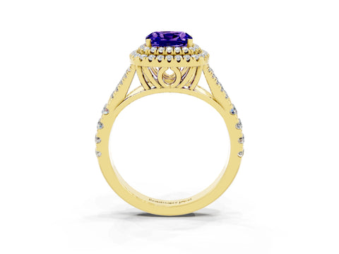 Yellow gold Cushion Cut Tanzanite Pavé Split Shank Double Halo Engagement Ring_3