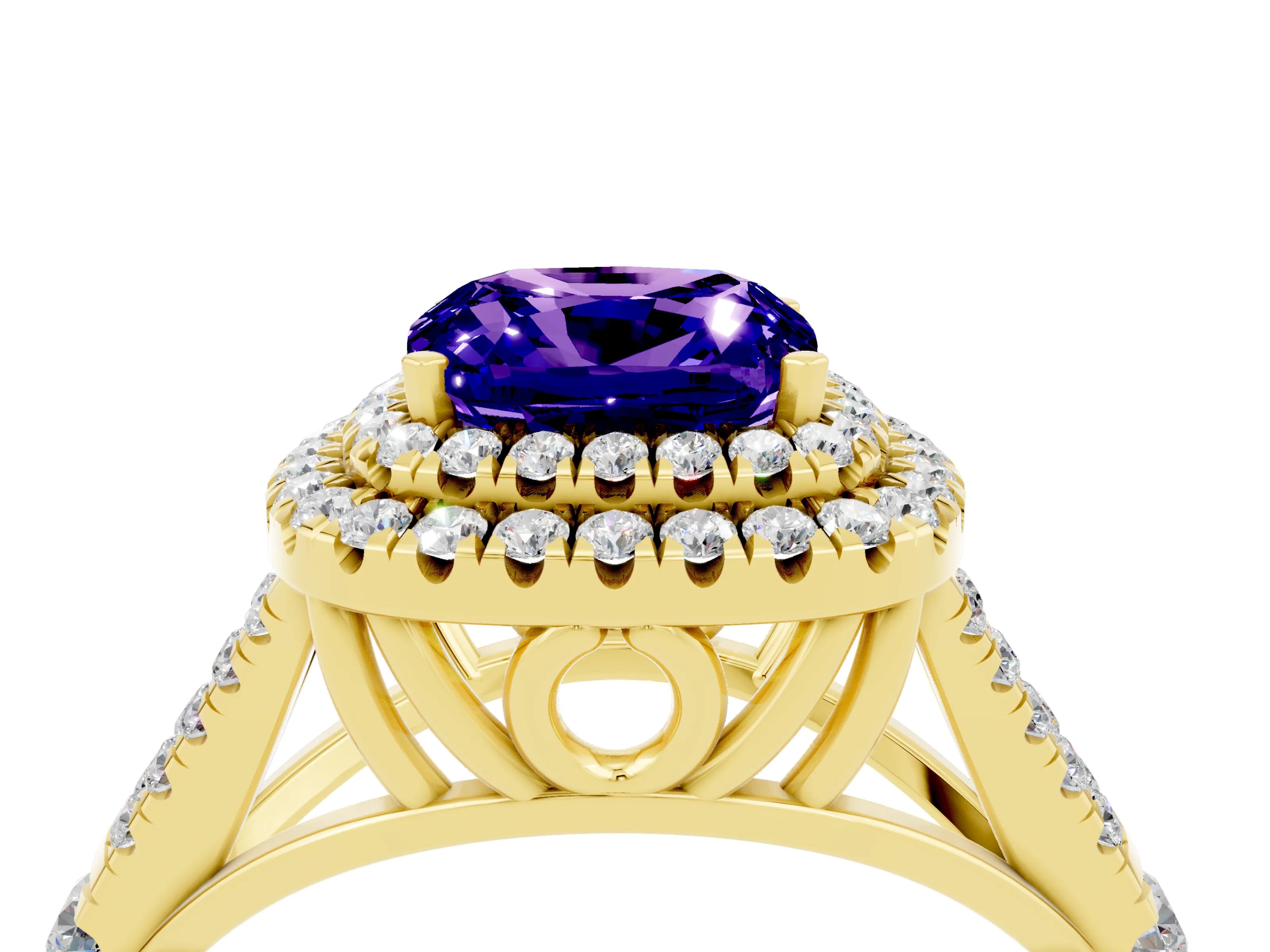 Yellow gold Cushion Cut Tanzanite Pavé Split Shank Double Halo Engagement Ring_4