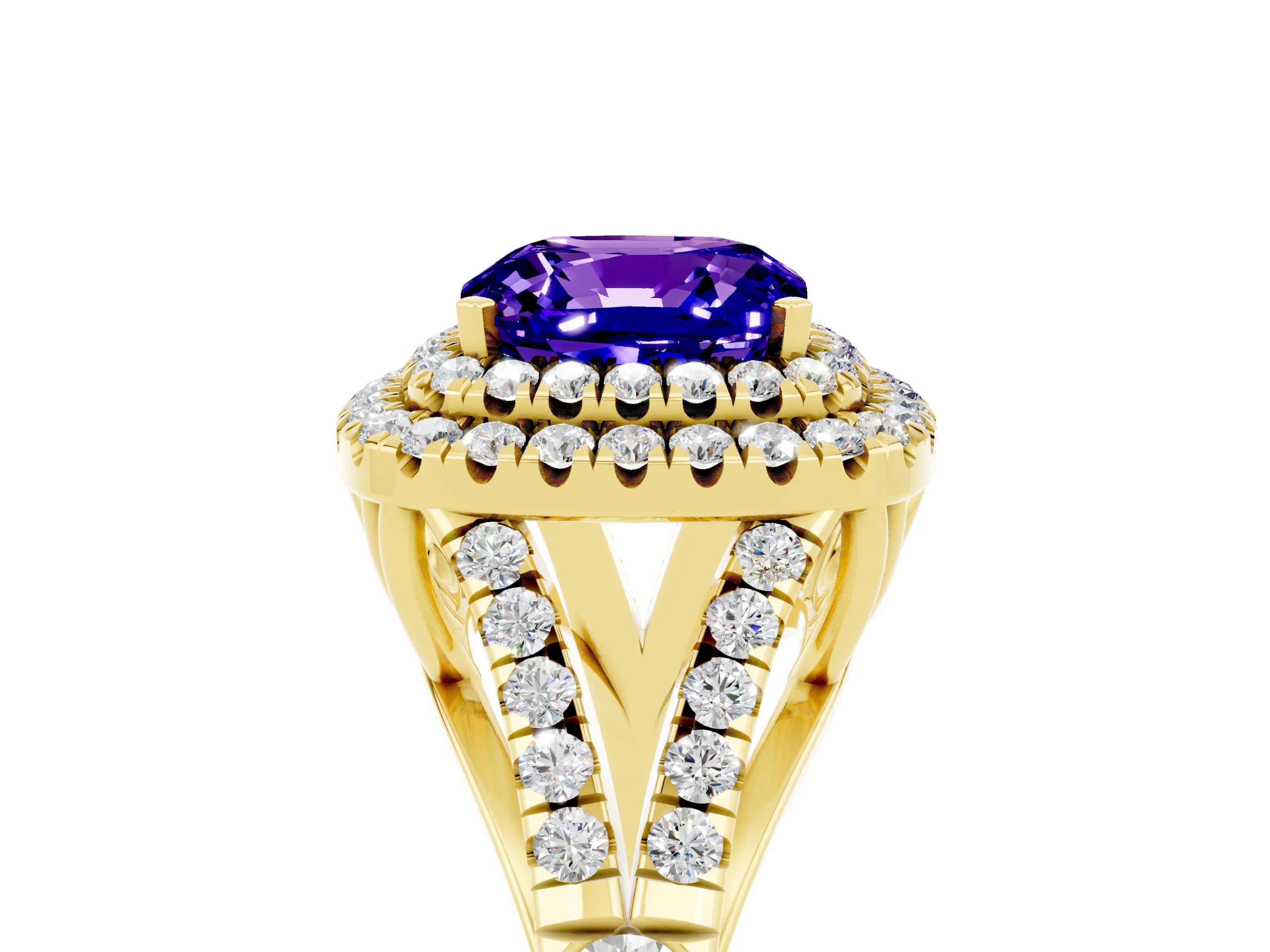 Yellow gold Cushion Cut Tanzanite Pavé Split Shank Double Halo Engagement Ring_5