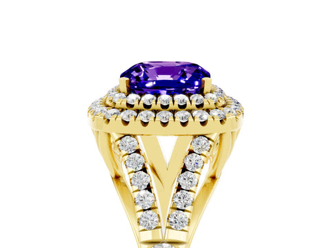 Yellow gold Cushion Cut Tanzanite Pavé Split Shank Double Halo Engagement Ring_5